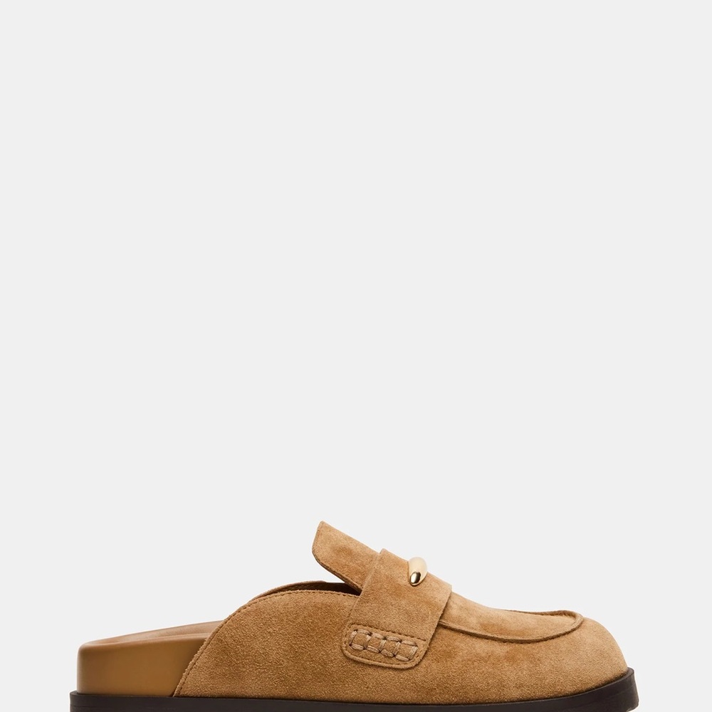 Steve Madden Tan Suede Mule Loafers with Gold Accent - Picture 2 of 7